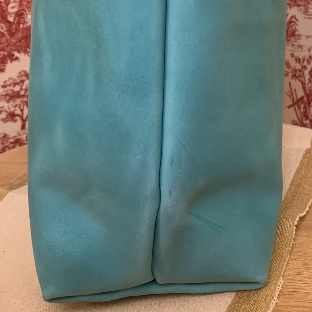 Turquoise Leather Tote with Brown Leather Handles by KMM & Co - Picture 13 of 14